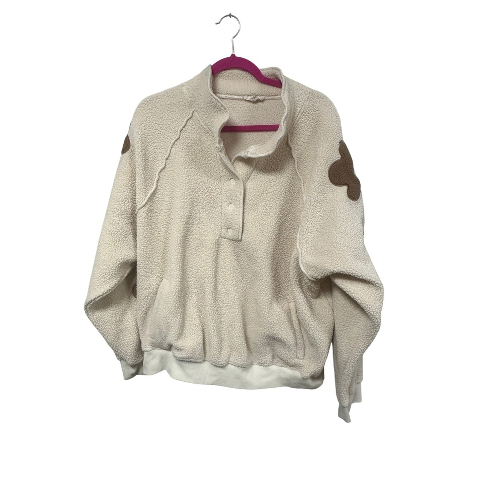 Easel Los Angeles Cream Sherpa Fleece Flower Patch Quarter Snap Pullover Large‎